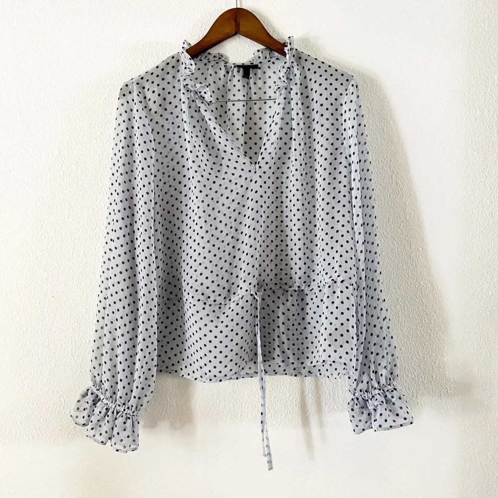 Who What Wear XL Polka Dot Sheer Ruffle Blouse Coquette Drawstring Cottagecore - Picture 3 of 9